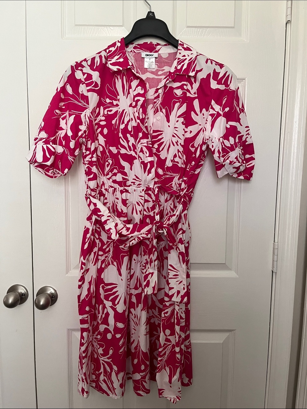 DKNY Hot Pink and White Floral Shirt Dress with Tie Waist